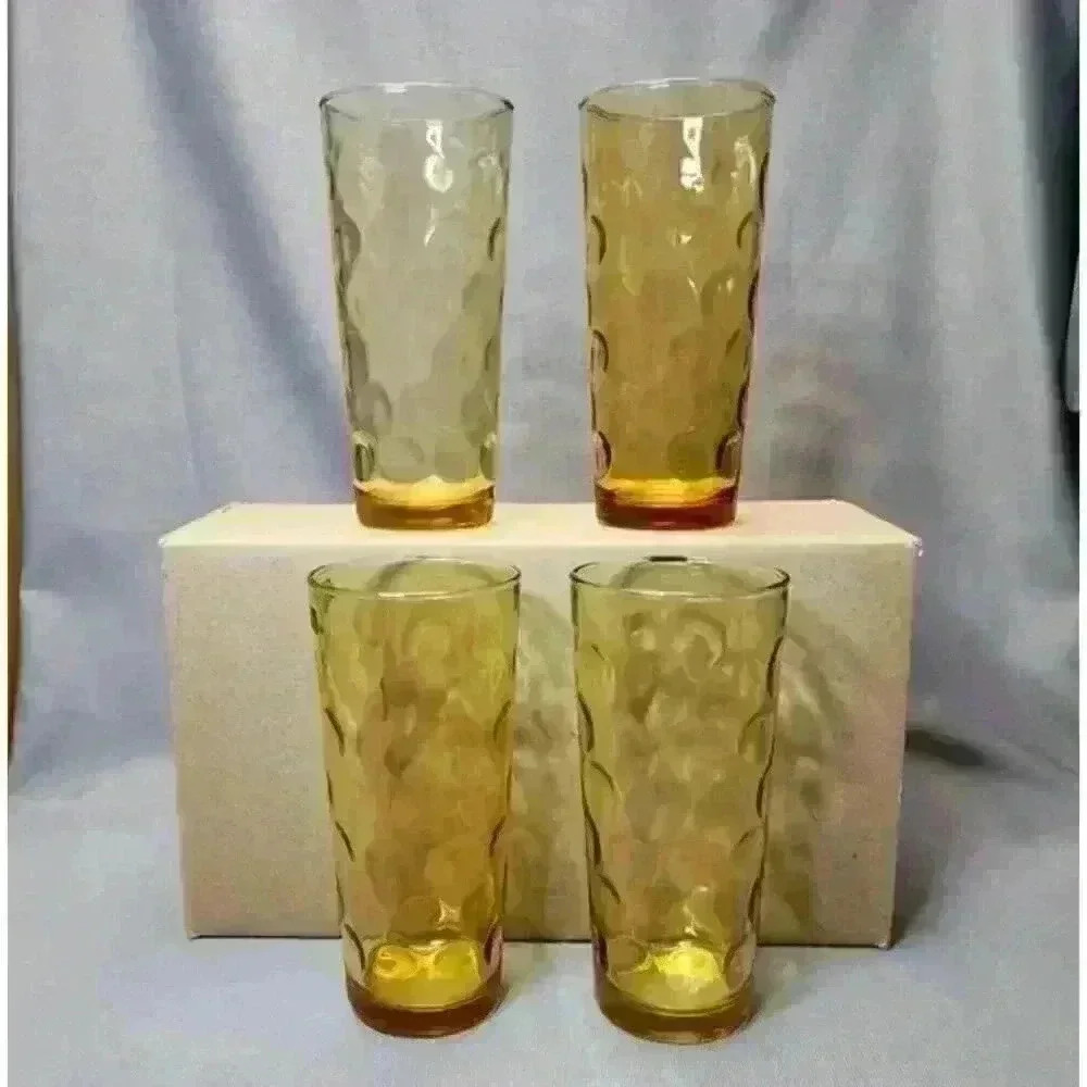 Hazel Atlas Tumblers Coolers 16 oz Amber Glass Granada Gold Hazelware Glasses x4 - Picture 2 of 6